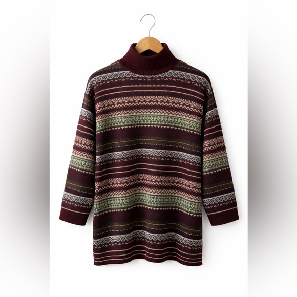 Vintage Sweaters - Vintage Fair Isle Turtleneck Sweater | Burgundy & Green Nordic Knit |